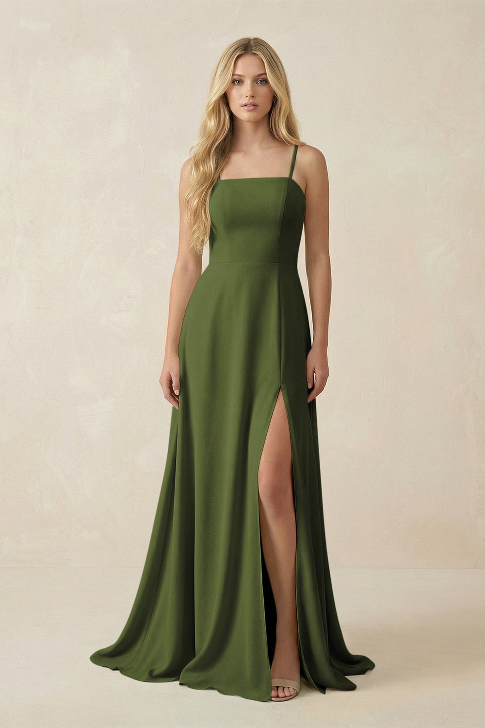 Spaghetti Strap Chiffon A - Line Bridesmaid Dress in Olive - KissProm Bridesmaid Dresses