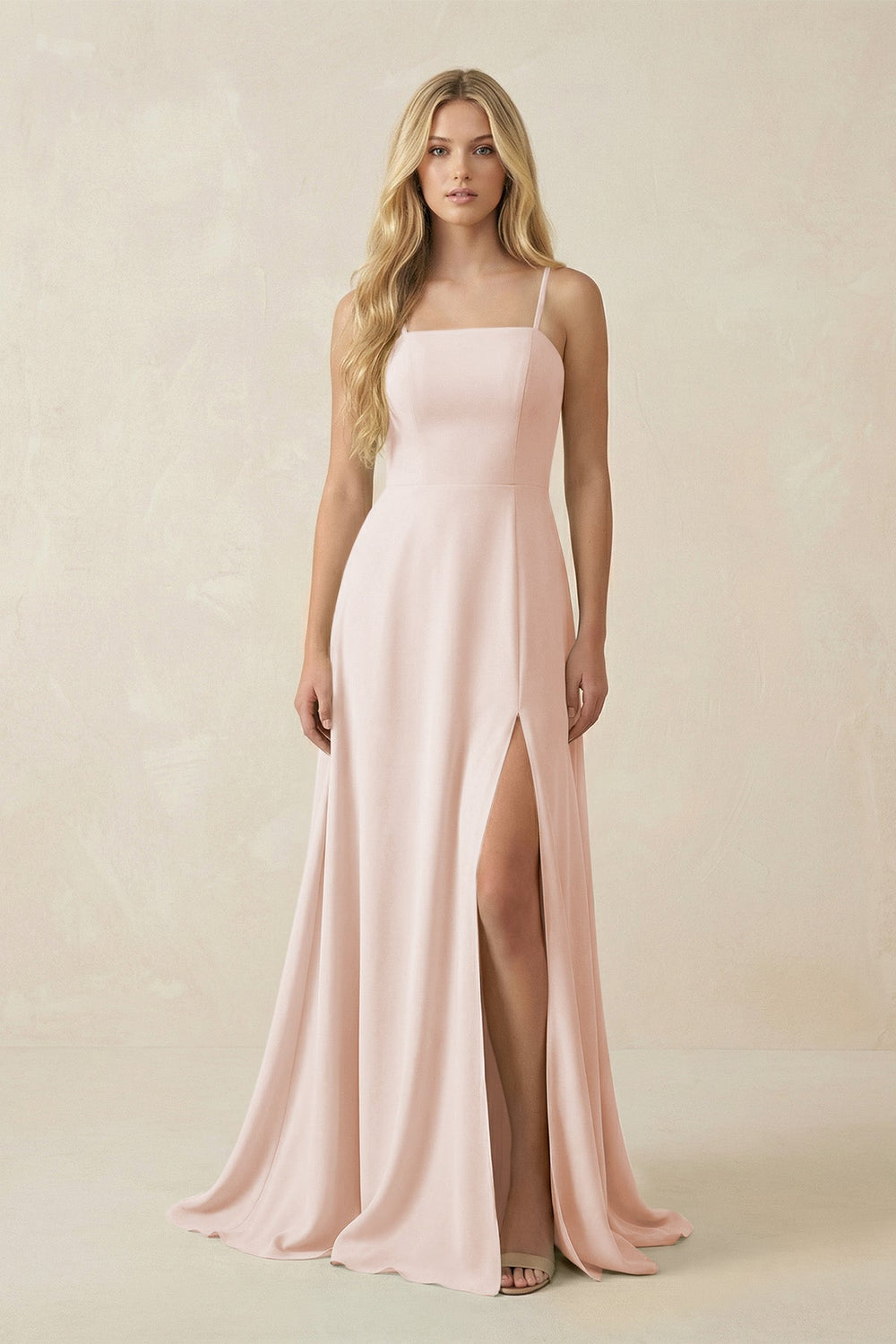 Spaghetti Strap Chiffon A - Line Bridesmaid Dress in Pale Blush - KissProm Bridesmaid Dresses