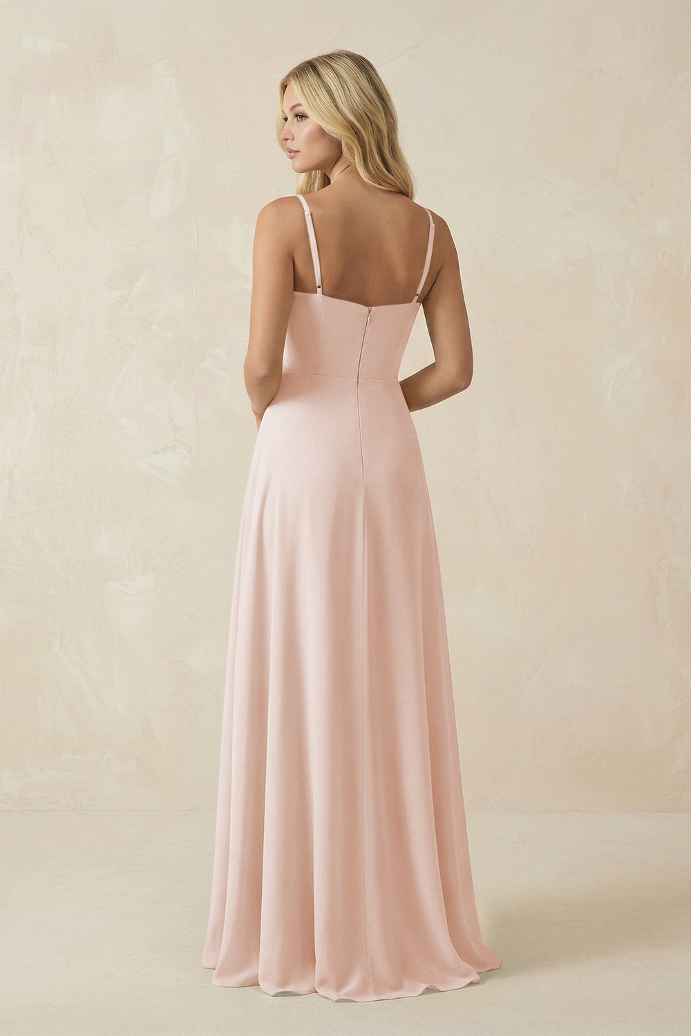 Spaghetti Strap Chiffon A - Line Bridesmaid Dress in Pale Blush - KissProm Bridesmaid Dresses
