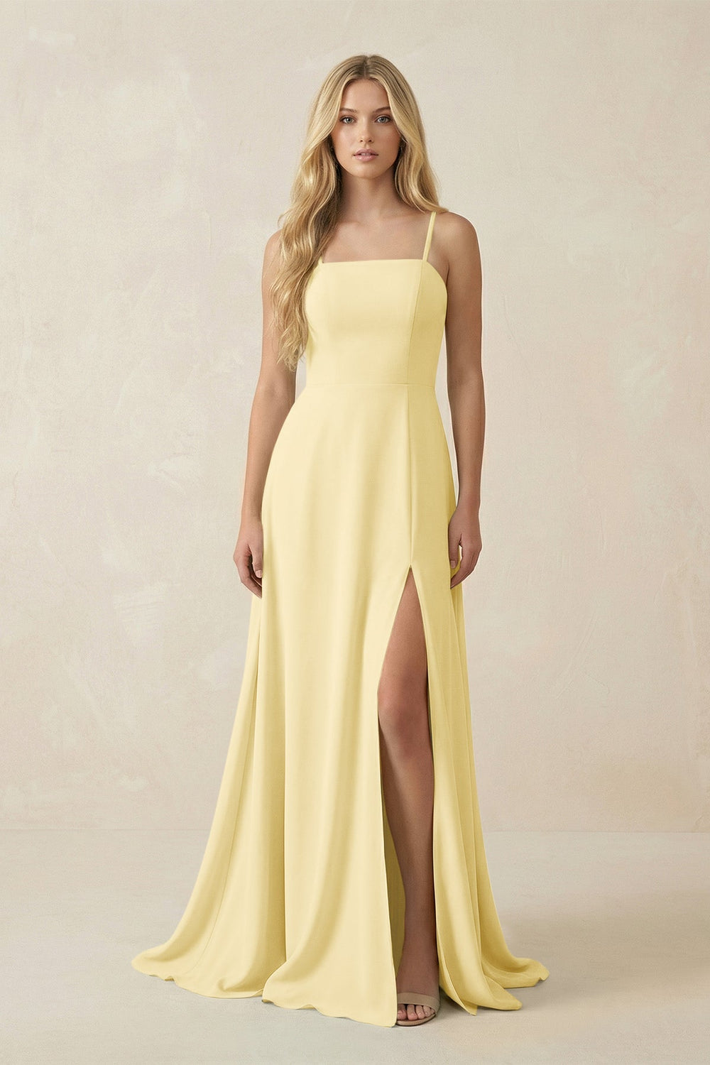 Spaghetti Strap Chiffon A - Line Bridesmaid Dress in Pastel Yellow - KissProm Bridesmaid Dresses