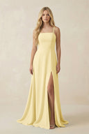 Spaghetti Strap Chiffon A - Line Bridesmaid Dress in Pastel Yellow - KissProm Bridesmaid Dresses