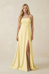 Spaghetti Strap Chiffon A - Line Bridesmaid Dress in Pastel Yellow - KissProm Bridesmaid Dresses