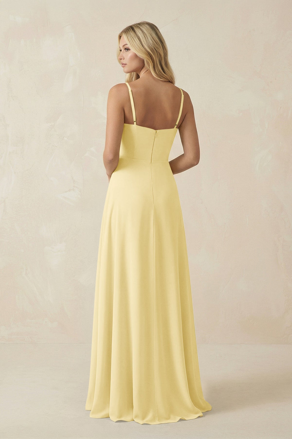 Spaghetti Strap Chiffon A - Line Bridesmaid Dress in Pastel Yellow - KissProm Bridesmaid Dresses