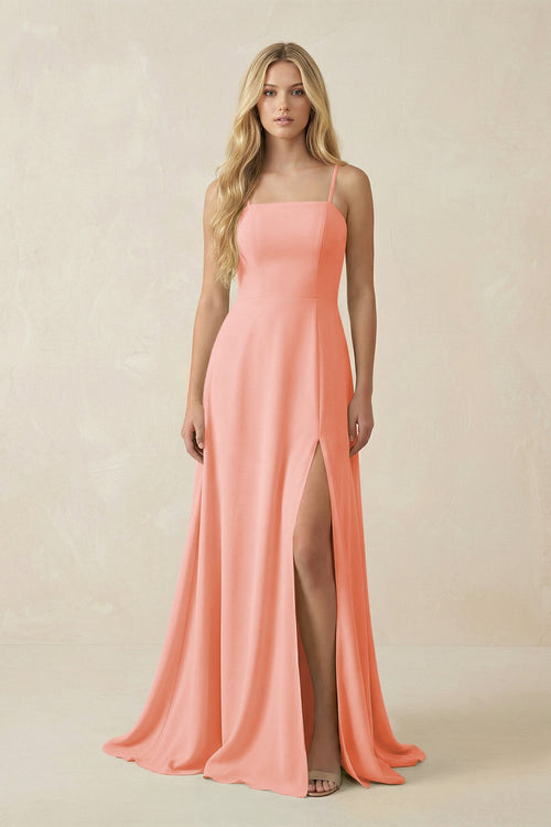 Spaghetti Strap Chiffon A - Line Bridesmaid Dress in Rosette - KissProm Bridesmaid Dresses