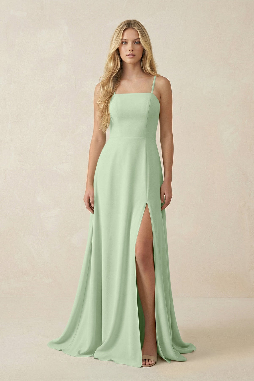Spaghetti Strap Chiffon A - Line Bridesmaid Dress in Sage - KissProm Bridesmaid Dresses