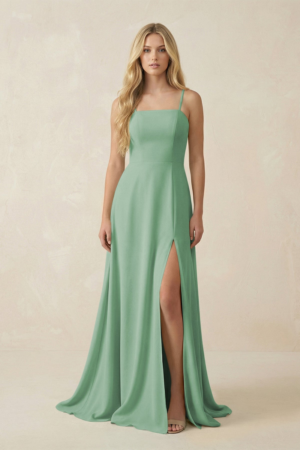 Spaghetti Strap Chiffon A - Line Bridesmaid Dress in Sea Glass - KissProm Bridesmaid Dresses