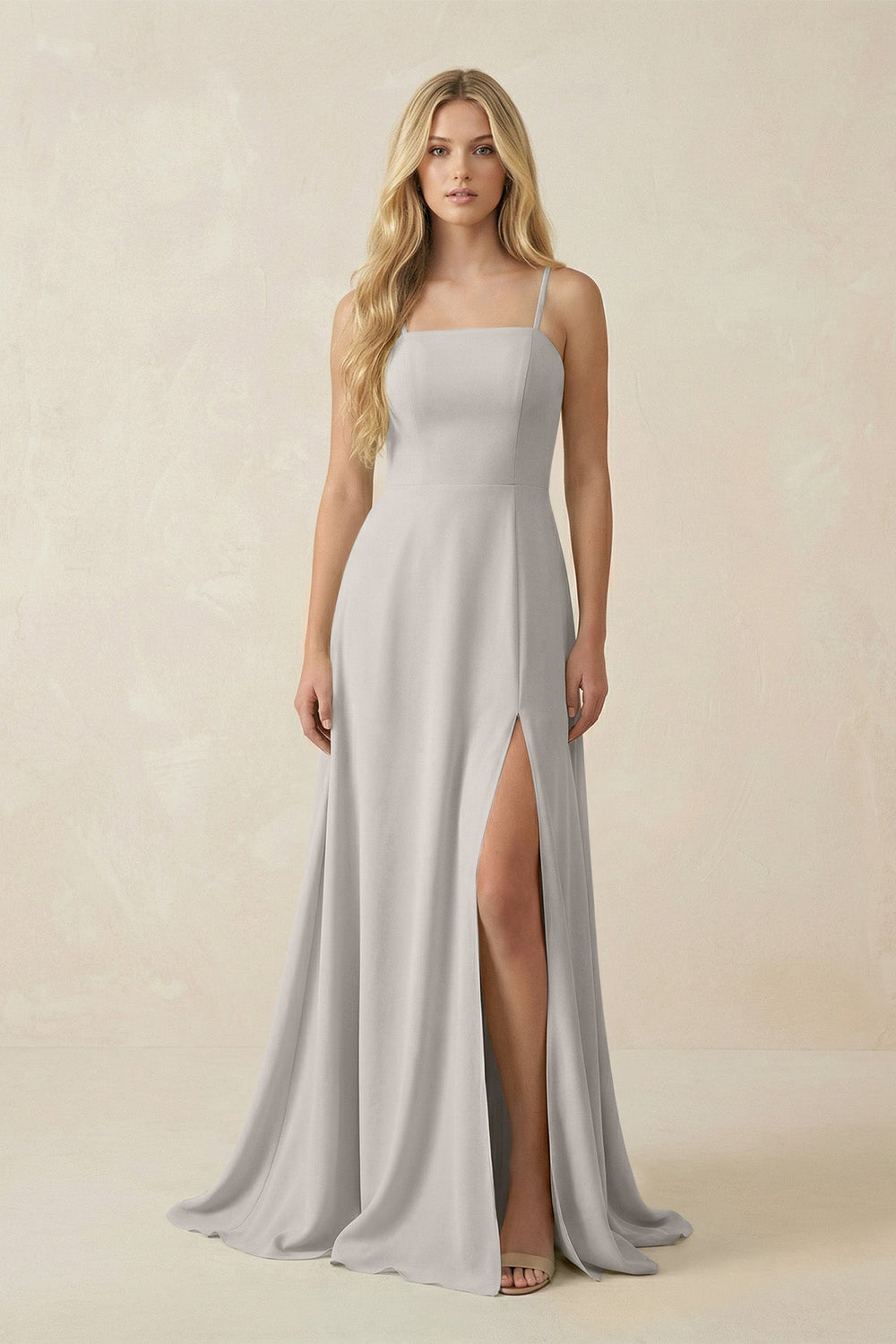 Spaghetti Strap Chiffon A - Line Bridesmaid Dress in Silver - KissProm Bridesmaid Dresses