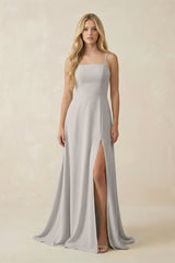 Spaghetti Strap Chiffon A - Line Bridesmaid Dress in Silver - KissProm Bridesmaid Dresses
