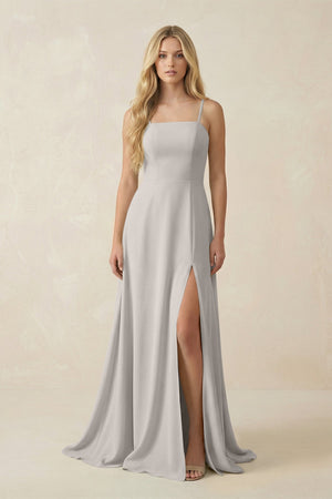 Spaghetti Strap Chiffon A - Line Bridesmaid Dress in Silver - KissProm Bridesmaid Dresses