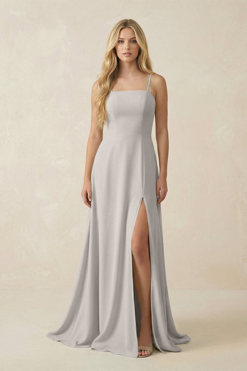 Spaghetti Strap Chiffon A - Line Bridesmaid Dress in Silver - KissProm Bridesmaid Dresses