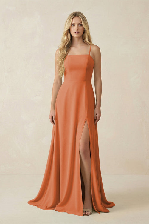 KissProm Spaghetti Strap Chiffon A-Line Bridesmaid Dress in Terracotta, Terracotta / 14
