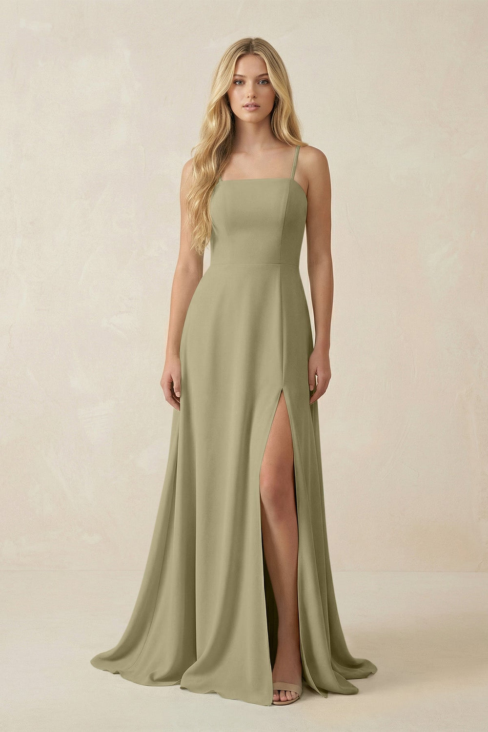 Spaghetti Strap Chiffon A - Line Bridesmaid Dress in Thyme - KissProm Bridesmaid Dresses