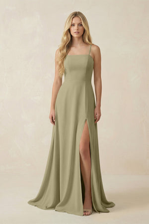 Spaghetti Strap Chiffon A - Line Bridesmaid Dress in Thyme - KissProm Bridesmaid Dresses