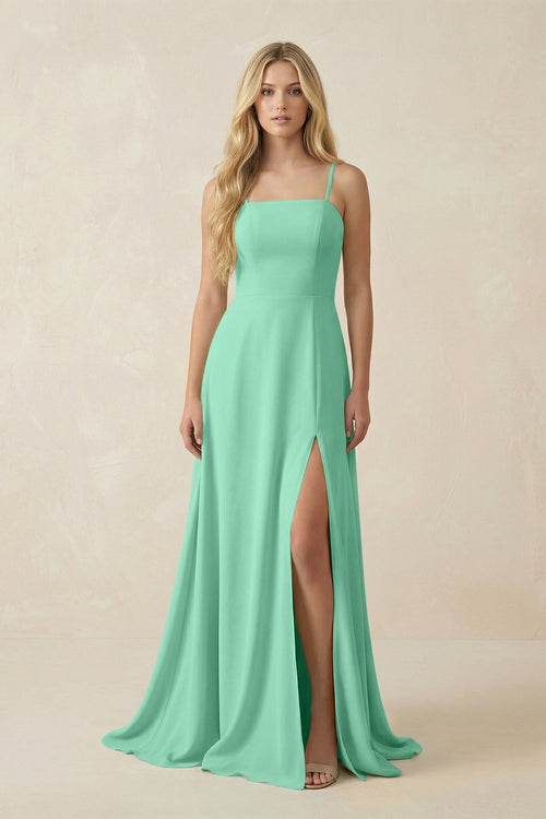 Spaghetti Strap Chiffon A - Line Bridesmaid Dress in Turquoise - KissProm Bridesmaid Dresses