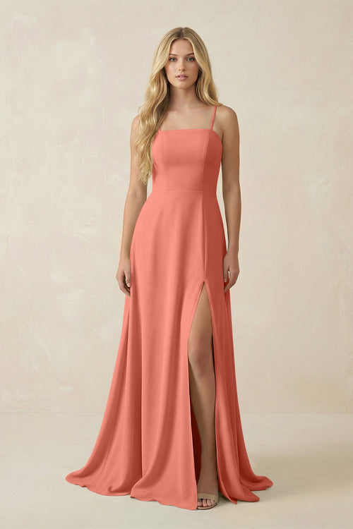 Spaghetti Strap Chiffon A - Line Bridesmaid Dress in Wild Rose - KissProm Bridesmaid Dresses