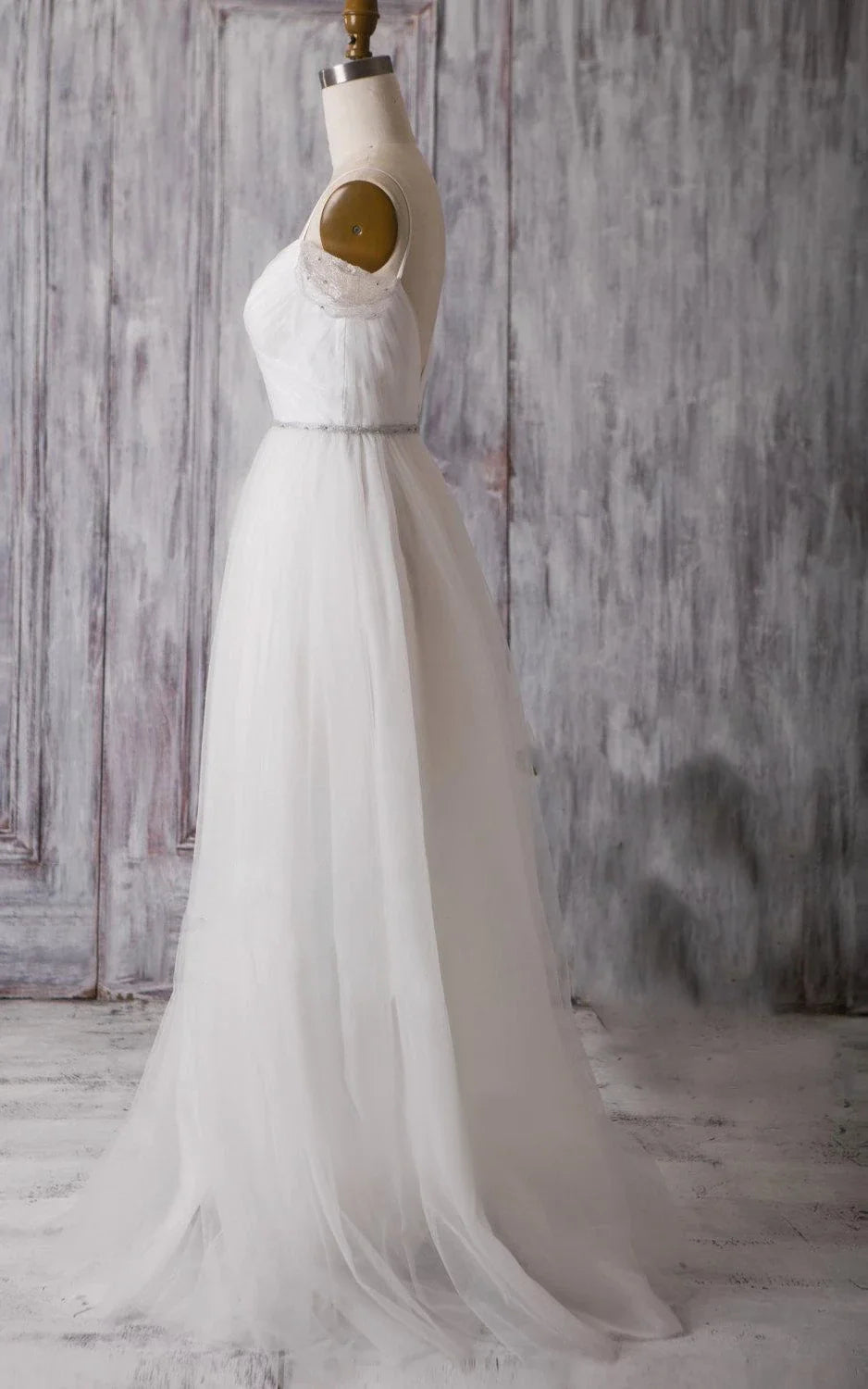 Spaghetti Strap Long A-Line Tulle Wedding Dress with Crisscross Ruchin Spaghetti Strap Long A-Line Tulle Wedding Dress with Crisscross Ruchin