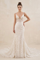 Straps White Lace Mermaid Wedding Dress With Appliques – Wedding Dresses by KissProm | Available at KissProm