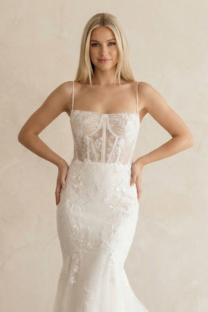 Spaghetti Strap Mermaid Lace Corset Wedding Dress in White - KissProm Wedding Dresses