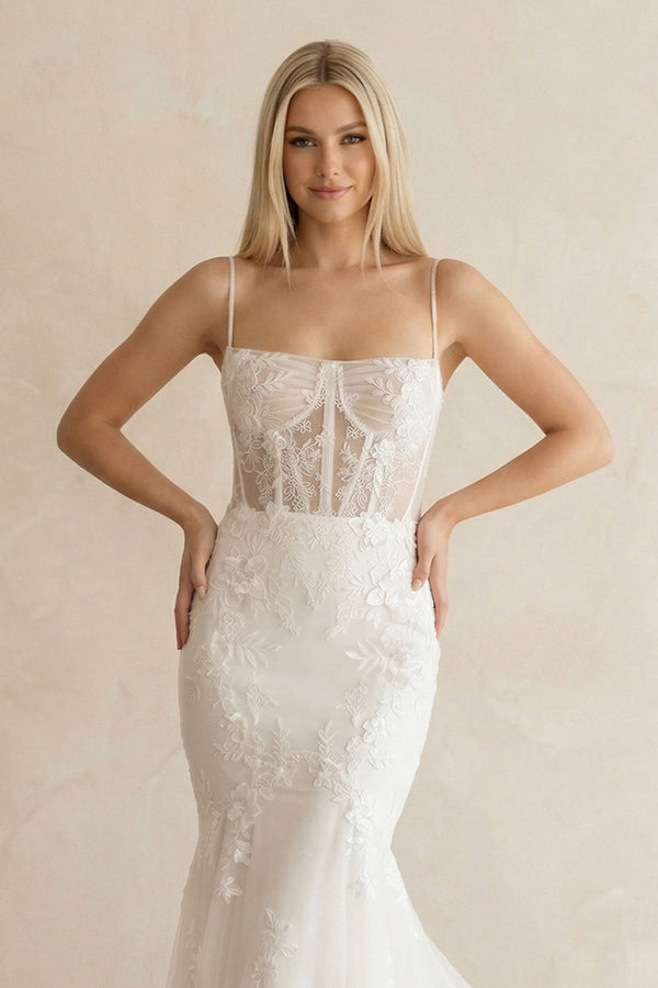 Spaghetti Strap Mermaid Lace Corset Wedding Dress in White - KissProm Wedding Dresses