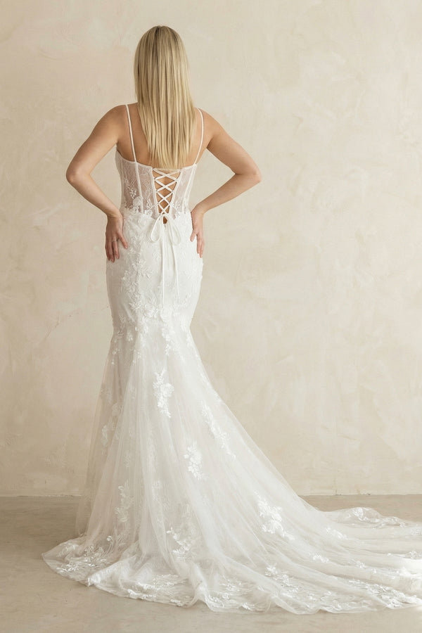 Spaghetti Strap Mermaid Lace Corset Wedding Dress in White - KissProm Wedding Dresses