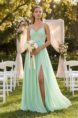 Spaghetti Strap Pleated A-Line Chiffon Bridesmaid Dress in Pale Pistachio - KissProm BRIDESMAID DRESSES