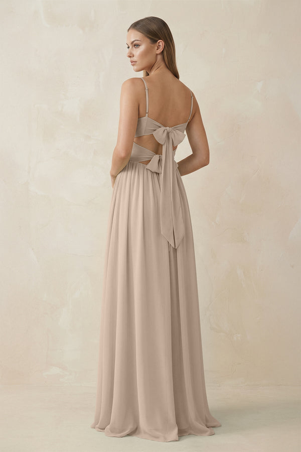Spaghetti Strap Pleated A - Line Chiffon Bridesmaid Dress in Almond - KissProm Bridesmaid Dresses