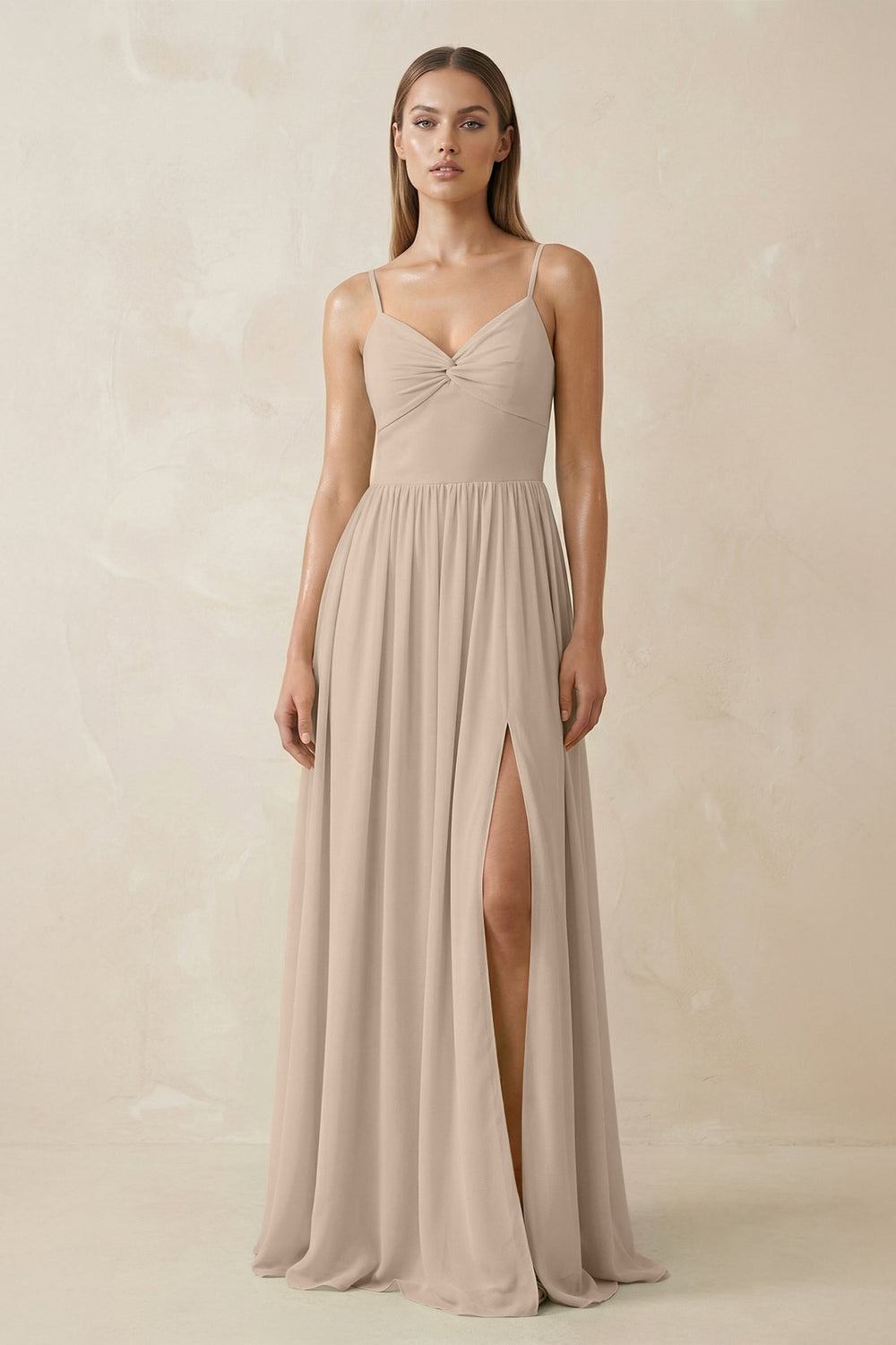 Spaghetti Strap Pleated A - Line Chiffon Bridesmaid Dress in Almond - KissProm Bridesmaid Dresses
