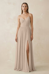 Spaghetti Strap Pleated A - Line Chiffon Bridesmaid Dress in Almond - KissProm Bridesmaid Dresses