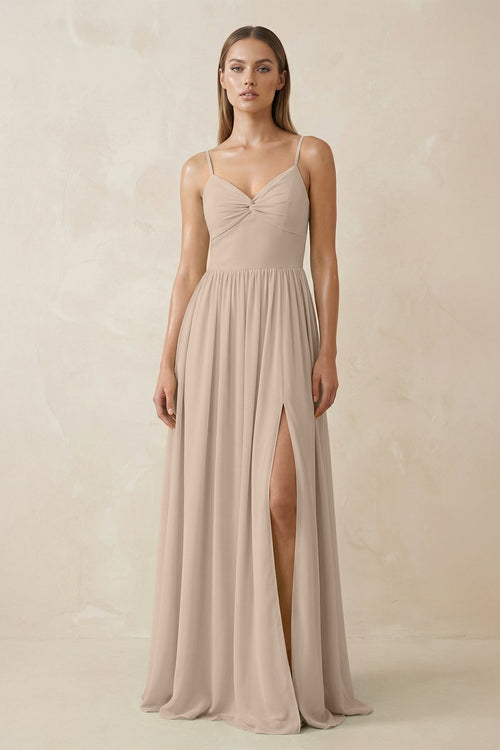 Spaghetti Strap Pleated A - Line Chiffon Bridesmaid Dress in Almond - KissProm Bridesmaid Dresses