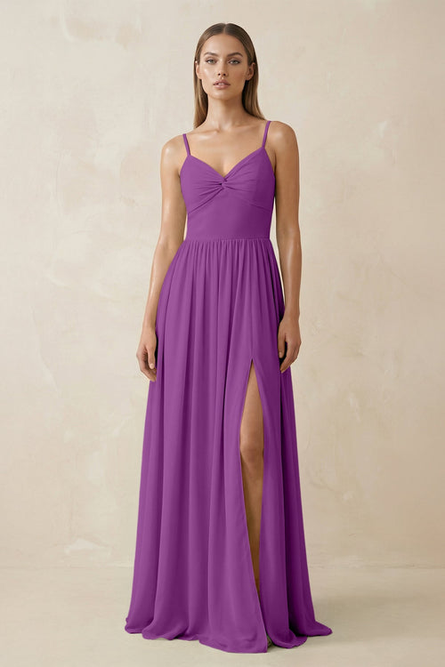 Spaghetti Strap Pleated A - Line Chiffon Bridesmaid Dress in Amethyst - KissProm Bridesmaid Dresses