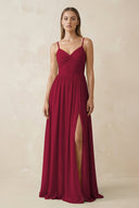 Spaghetti Strap Pleated A - Line Chiffon Bridesmaid Dress in Berry - KissProm Bridesmaid Dresses