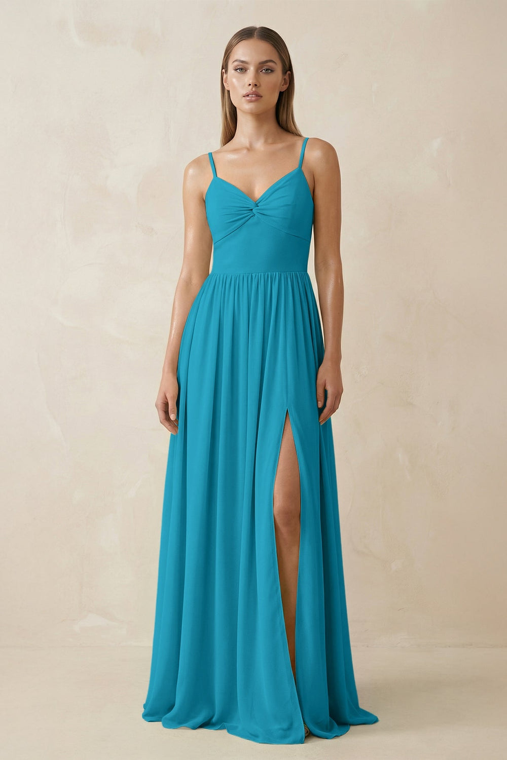 Spaghetti Strap Pleated A - Line Chiffon Bridesmaid Dress in Blue Jay - KissProm Bridesmaid Dresses