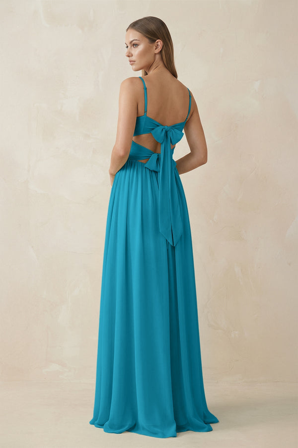 Spaghetti Strap Pleated A - Line Chiffon Bridesmaid Dress in Blue Jay - KissProm Bridesmaid Dresses