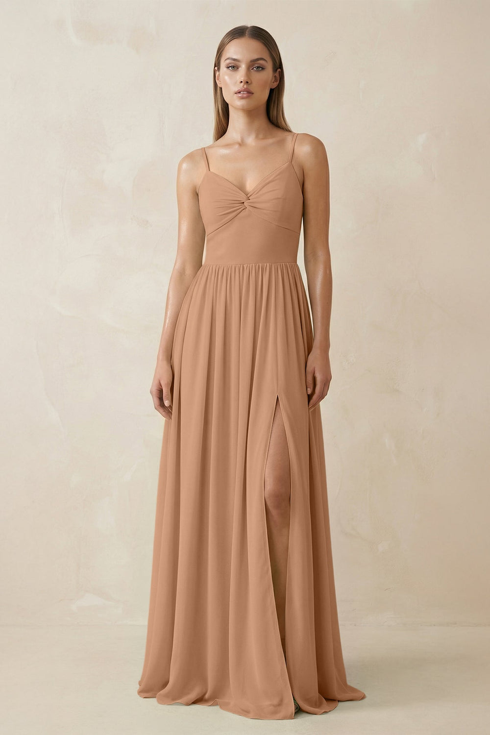 Spaghetti Strap Pleated A - Line Chiffon Bridesmaid Dress in Bronzer - KissProm Bridesmaid Dresses