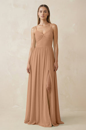 Spaghetti Strap Pleated A - Line Chiffon Bridesmaid Dress in Bronzer - KissProm Bridesmaid Dresses