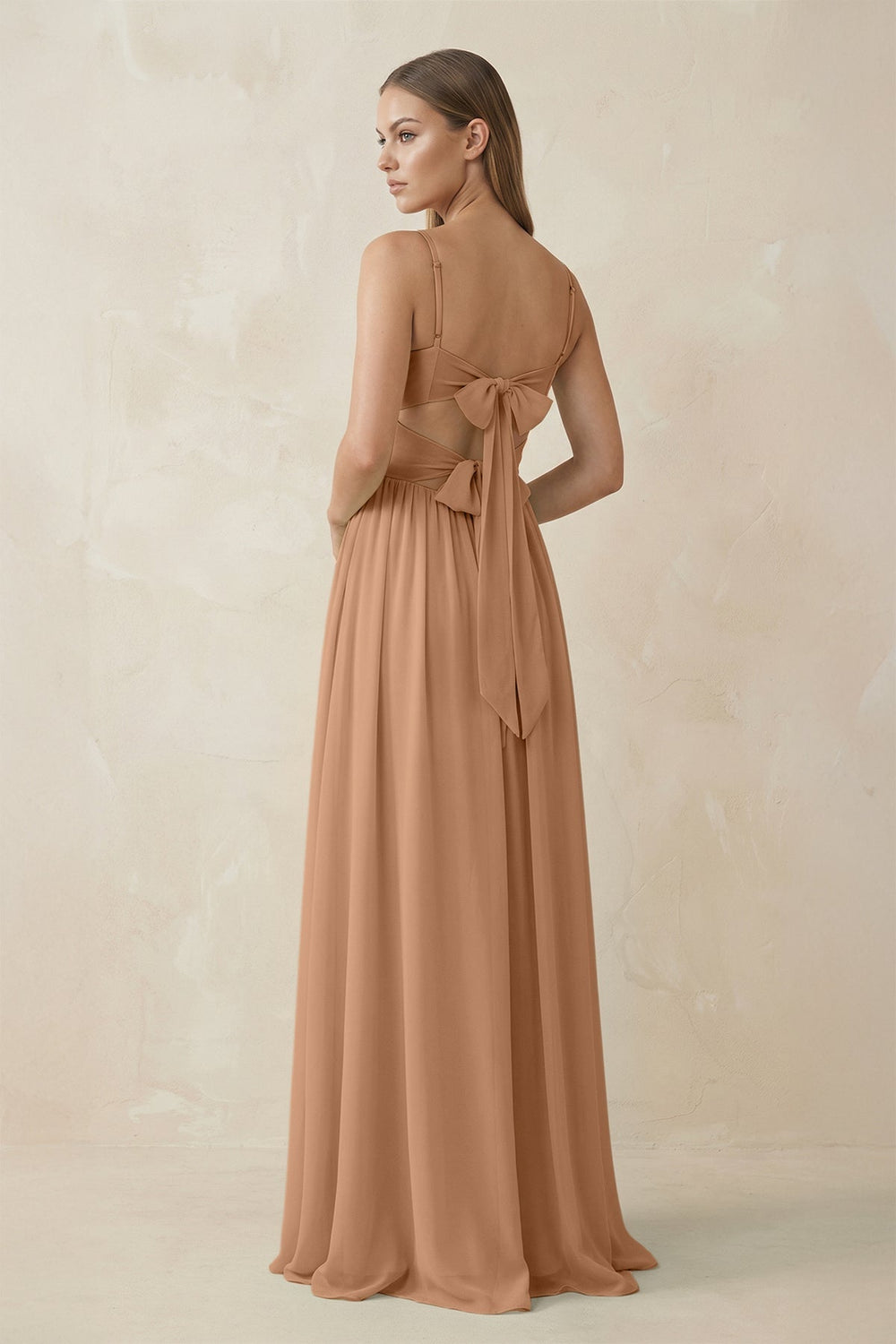 Spaghetti Strap Pleated A - Line Chiffon Bridesmaid Dress in Bronzer - KissProm Bridesmaid Dresses