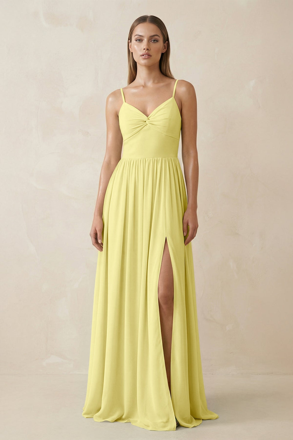 Spaghetti Strap Pleated A - Line Chiffon Bridesmaid Dress in Buttercup - KissProm Bridesmaid Dresses