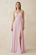 Spaghetti Strap Pleated A - Line Chiffon Bridesmaid Dress in Candy Pink - KissProm Bridesmaid Dresses