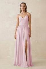 Spaghetti Strap Pleated A - Line Chiffon Bridesmaid Dress in Candy Pink - KissProm Bridesmaid Dresses