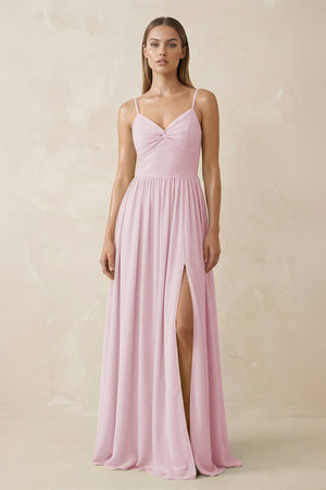 Spaghetti Strap Pleated A - Line Chiffon Bridesmaid Dress in Candy Pink - KissProm Bridesmaid Dresses
