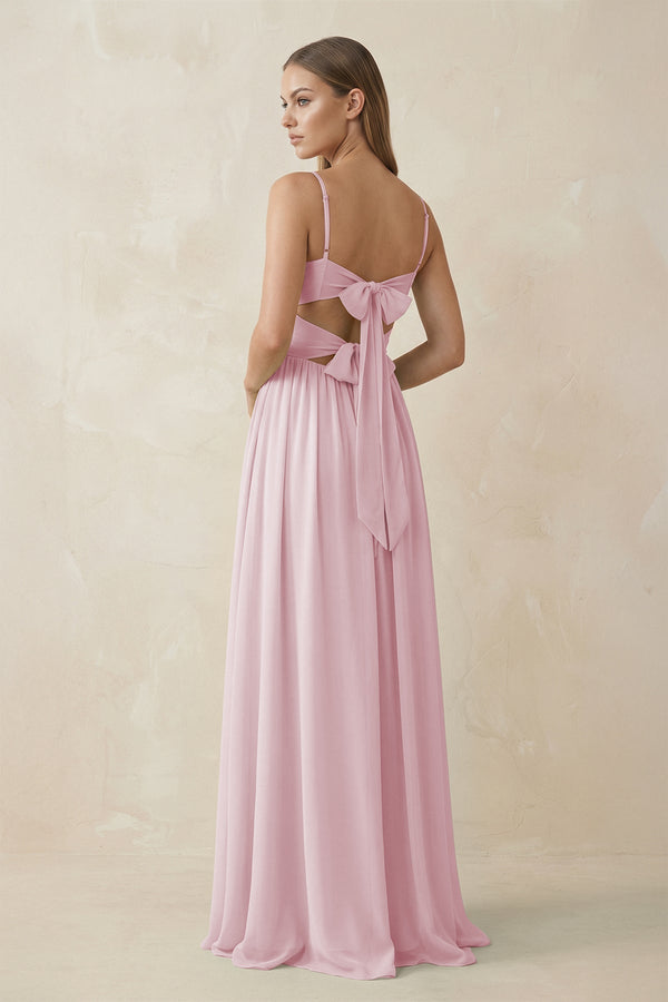 Spaghetti Strap Pleated A - Line Chiffon Bridesmaid Dress in Candy Pink - KissProm Bridesmaid Dresses
