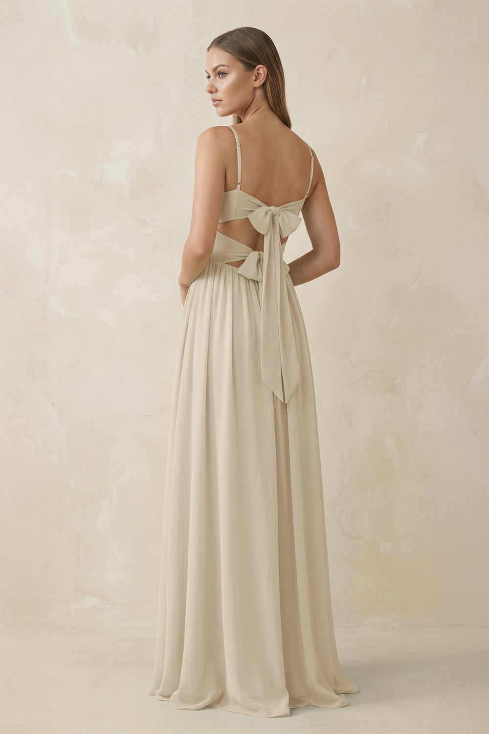 Spaghetti Strap Pleated A - Line Chiffon Bridesmaid Dress in Champagne - KissProm Bridesmaid Dresses