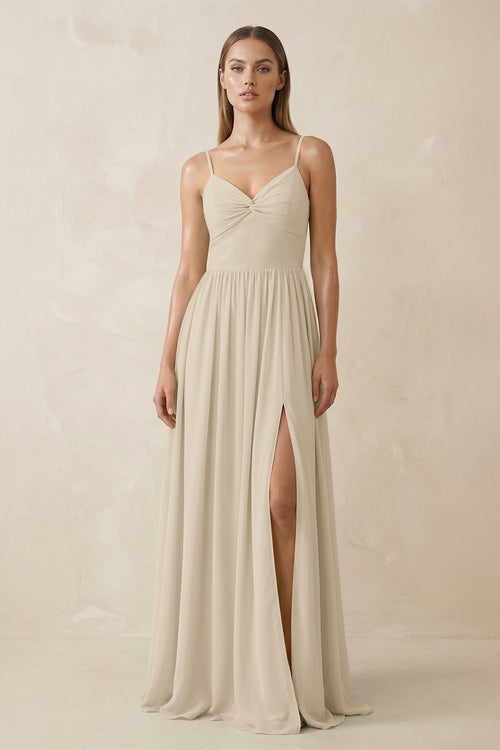 Spaghetti Strap Pleated A - Line Chiffon Bridesmaid Dress in Champagne - KissProm Bridesmaid Dresses