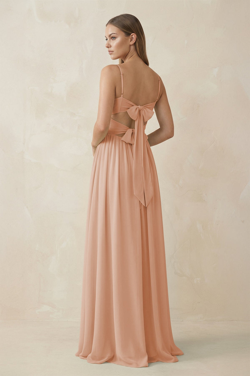 Spaghetti Strap Pleated A - Line Chiffon Bridesmaid Dress in Champagne Rose - KissProm Bridesmaid Dresses