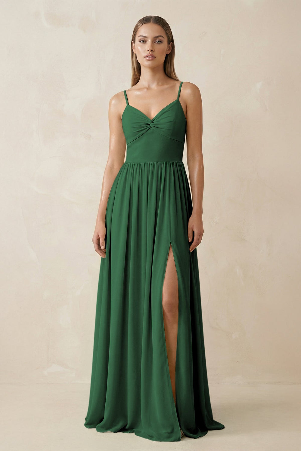 Spaghetti Strap Pleated A - Line Chiffon Bridesmaid Dress in Dark Green - KissProm Bridesmaid Dresses