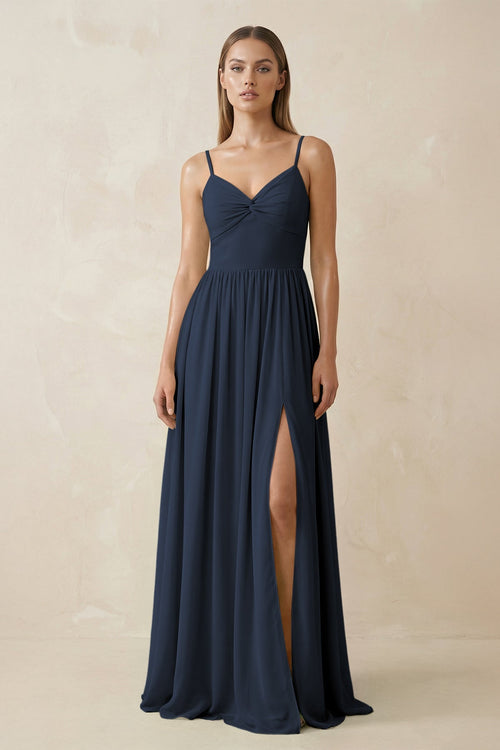 Spaghetti Strap Pleated A - Line Chiffon Bridesmaid Dress in Dark Navy - KissProm Bridesmaid Dresses