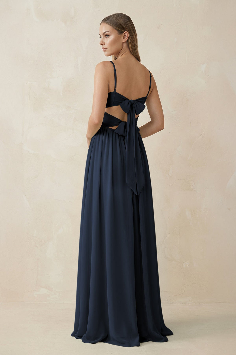 Spaghetti Strap Pleated A - Line Chiffon Bridesmaid Dress in Dark Navy - KissProm Bridesmaid Dresses