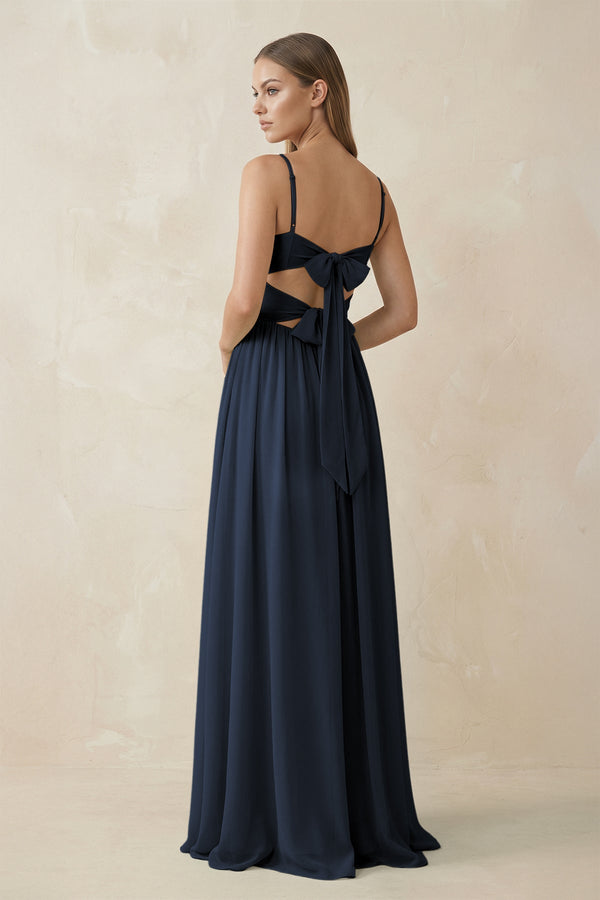 Spaghetti Strap Pleated A - Line Chiffon Bridesmaid Dress in Dark Navy - KissProm Bridesmaid Dresses
