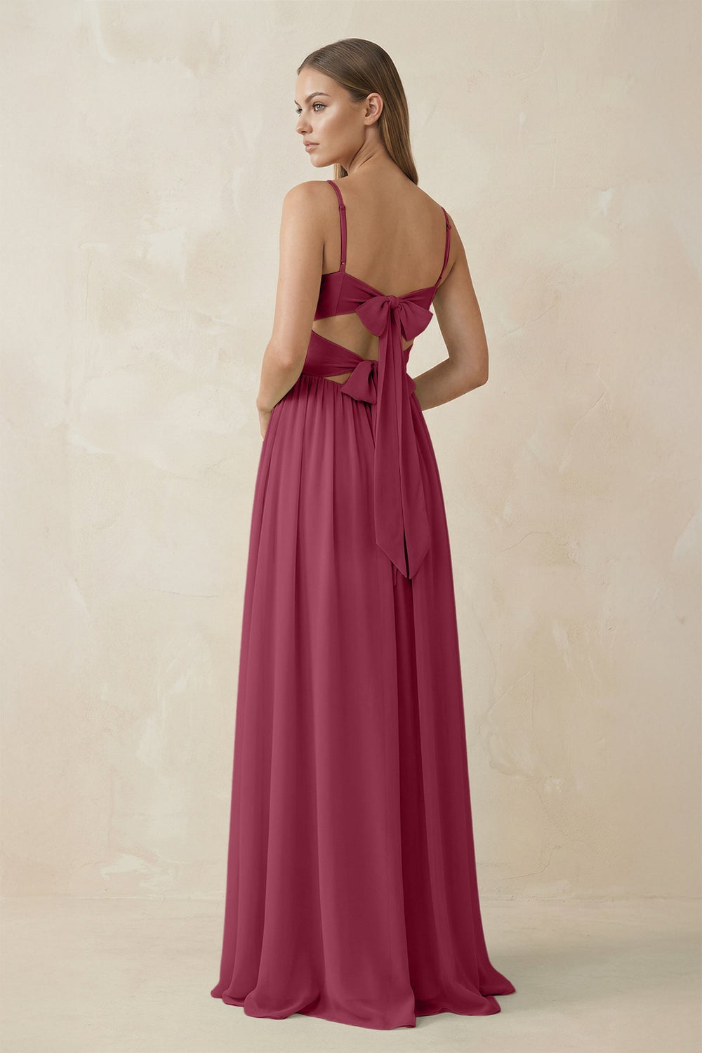 Spaghetti Strap Pleated A - Line Chiffon Bridesmaid Dress in Desert Rose - KissProm Bridesmaid Dresses