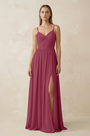 Spaghetti Strap Pleated A - Line Chiffon Bridesmaid Dress in Desert Rose - KissProm Bridesmaid Dresses